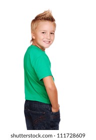 Stylish Boy In Green Top Looking Back  On White Background