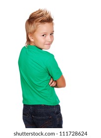 Stylish Boy In Green Top Looking Back  On White Background