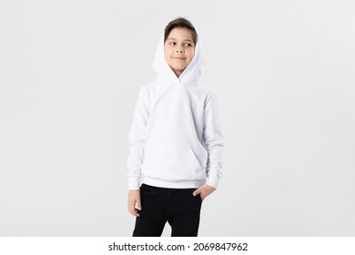 Stylish Boy In White Hoodie. Mock-up.