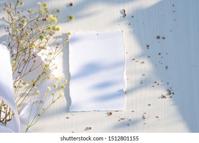 Stylish Branding Mockup To Display Your Artworks. Mock Up On Wooden Table Background. Flat Lay Top View. Blank Greeting Card. Feminine Wedding Stationery, Desktop Scene With Yellow Flowers.