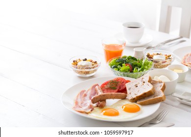 A stylish breakfast prepared on a white table