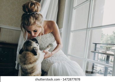 Stylish Bride Kissing  Pug Dog In Bow Tie In Soft Light Near Window In Hotel Room. Gorgeous Bride With Her Pet. Morning Preparation Before Wedding Ceremony