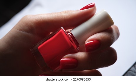 Stylish Bright Red Lacquer On Female Nails Concept