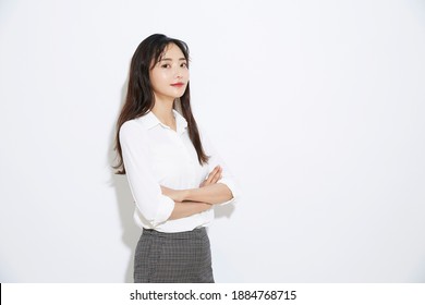 Stylish Business Portrait Of Young Asian Woman On White Background