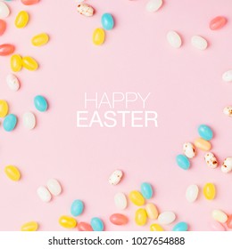 Stylish Candy Frame  Background.  Easter Concept . Flat Lay