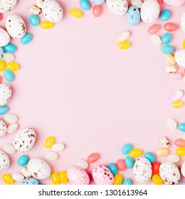 Stylish Candy Frame  Background.  Easter Concept . Flat Lay