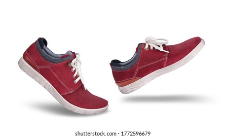 Stylish Casual Red Suede Shoes Walking Forward, Isolated On White Background, Lifestyle Concept