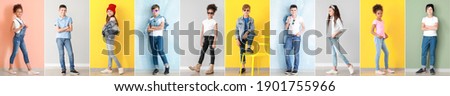 Stylish children in jeans clothes on color background