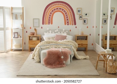 Stylish Child's Room Interior With Comfortable Bed