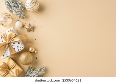 Stylish Christmas decoration concept with luxurious golden ornaments, presents, and festive accessories creating a warm holiday atmosphere - Powered by Shutterstock