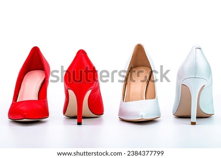 Stylish classic women leather shoe. High heel women shoes on white background. Shoe for women. Beauty and fashion concept.