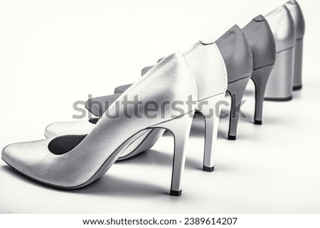Stylish classic women leather shoe. High heel women shoes on white background. Black and white.