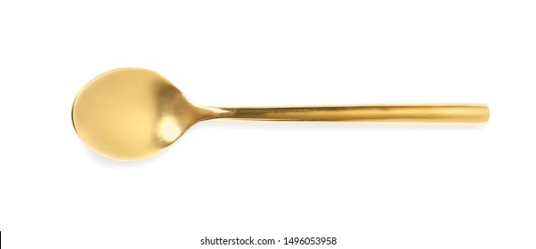 Stylish clean gold spoon on white background, top view - Shutterstock ID 1496053958