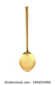 Stylish Clean Gold Spoon On White Background, Top View