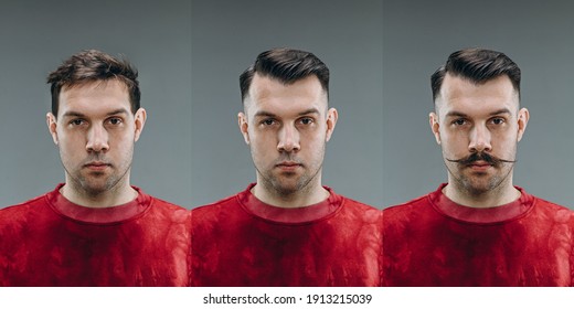 Stylish. Collage of man before and after visiting barbershop, client's delighted with different haircut, mustache, beard. concept of bodycare, male beauty, comparison. Shaving, hairstyling, coloring.
