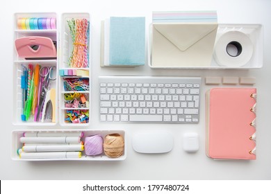 Stylish Colored Stationery In Pastel Colors. Female Workplace. Organization Of A Drawer At The Workplace. Storage And Order Of Office Supplies. Concept Back To School.