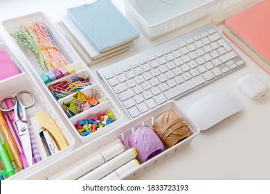 Stylish Colored Stationery In Pastel Colors. Female Workplace. Organization Of A Drawer At The Workplace. Storage And Order Of Office Supplies. Concept Back To School.