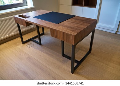 Stylish Comfortable Office Table Made Of Wood And Metal With Hidden Sockets