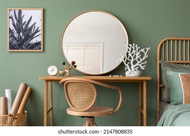 Stylish Composition Of Bedroom In Modern Interior Design With Vanity Table, Big Rounded Mirror, Tropical Bed And Beautiful Personal Accessories. Template.