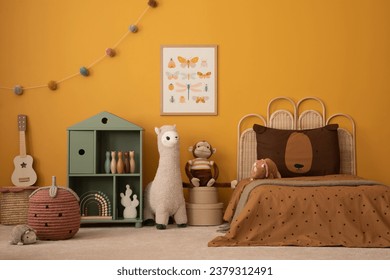 Stylish composition of child room interior with mock up poster frame, childbed, decoration, wooden block toys, plush monkey, colorful garland and personal accessories. Home decor. Template. - Powered by Shutterstock