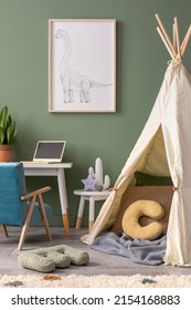 Stylish Composition Of Cozy Child Room Interior Design With Green Wall With Poster And Armchair. Desk With Computer And Plant. Mock Up Poster. Pillow And Bright Carpet. Hut With Pillows And Plaid. 
