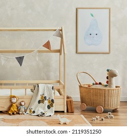 Stylish composition of cozy scandinavian child's room interior with wooden bed, plush and wooden toys, rattan basket and textile hanging decorations. Creative wall, carpet on the floor. Template. 