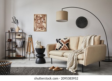 Stylish composition of elegant living room interior design with mock up poster frame, metal and wooden shelf, sofa, vintage vases and personal accessories. White wall. Copy space. Template. - Shutterstock ID 2095383952