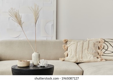 Stylish Composition At Fancy Interior With Wooden Black Coffee Table, Dried Flowers In Vase, Pillow, Blanket In Modern Home Decor. Details. Template.