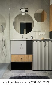 Stylish Composition Of Modern Bathroom Interior. Modern Designed Shower, Mixed Wooden Commode, Mirror And Personal Accesories. Minimalistic Masculine Concept. Template.