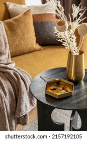 Stylish Composition Of Modern Living Room. Stylish Coffe Table With Tray And Gold Vase With Dried Flowers. Yellow Sofa With Plaid And Pillows. Template.