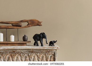 Stylish Composition At Moroccan Interior With Wooden Shlef, Candles, Design Elephant Figure And Decoration In Modern Home Decor. Details. Template. Copy Space.