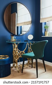 Stylish Composition Of Woman Corner In Modern Glamour Interior Design With Vanity Table, Big Rounded Mirror And Beautiful Personsl Accessories. Template.