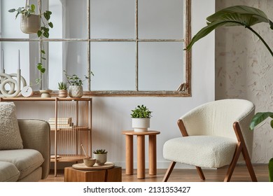 Stylish Compositon Of Modern Living Room Interior With Frotte Armchair, Sofa, Plants, Wooden Commode, Side Table And Elegant Home Accessories. Home Staging. Template. Copy Space.