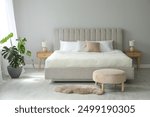 Stylish contemporary bedroom interior with houseplant and comfortable bed