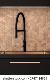 Stylish Copper Kitchen Sink With Modern Black Faucet And Elegant Backsplash With Copper, Hexagonal Wall Tiles