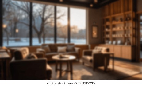 Stylish and cozy living area with a mix of armchairs and couches, large windows revealing a snowy park at sunrise. Ideal for modern or winter themes. - Powered by Shutterstock