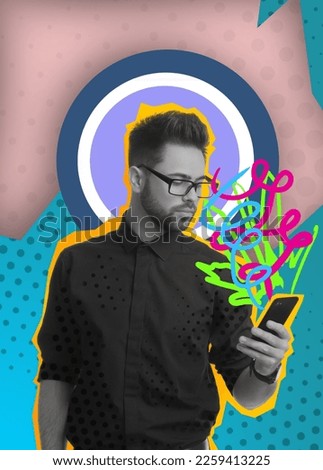 Stylish creative artwork. Man using phone on bright background