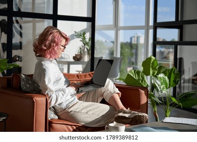 Stylish Creative Hipster Young Woman, Teen Girl With Pink Hair Using Pc Laptop Computer Browsing Internet Work Learn Communicate Online Sit On Sofa In Modern Home Office Lit With Morning Sunshine.