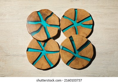 Stylish cup coasters on white wooden table, flat lay - Shutterstock ID 2160103737