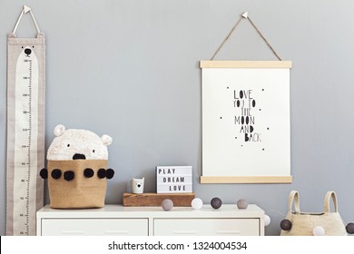 Stylish And Cute Scandinavian Decor Of  Child Room With Mock Up Poster, White Shelf, Natural Toys, Hanging Kid Measure  Basket For Accessories And Teddy Bears. Minimalistic Concept Of Interior.