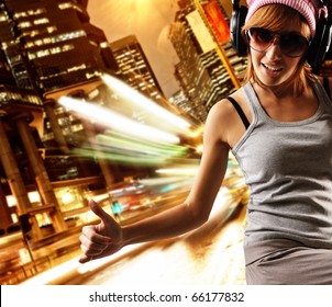 Stylish Dancing Girl Against Night City