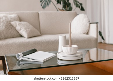 Stylish decor on coffee table open magazine with blank page in modern living room. Aesthetic elegant blog, online shop, store, social media template. - Powered by Shutterstock