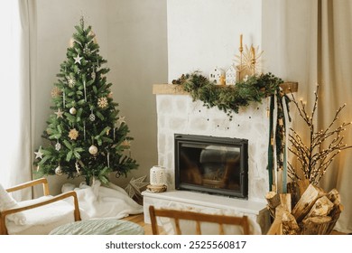 Stylish decorated christmas tree with vintage ornaments and modern decor of fireplace mantel with fir branch, bells, ribbon and garland light. Atmospheric xmas holidays at home. Merry Christmas! - Powered by Shutterstock