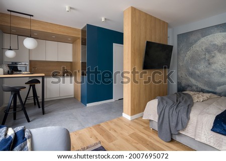 Stylish designed studio apartment with kitchen open to living room and bedroom with tv