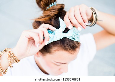 Stylish Details. Hair Ornaments. A Scarf. Thin Gold Bracelets. Hair Dress.