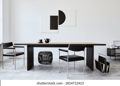 Stylish Dining Room Interior With Design Wooden Family Table, Black Chairs, Teapot With Mug, Mock Up Art Paintings On The Wall And Elegant Accessories In Modern Home Decor. Template.