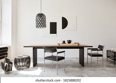 Stylish Dining Room Interior With Design Wooden Family Table, Black Chairs, Teapot With Mug, Mock Up Art Paintings On The Wall And Elegant Accessories In Modern Home Decor. Template.