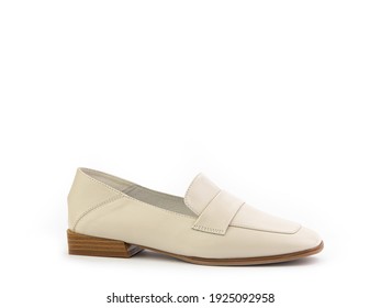 Stylish And Elegant Ivory Women's Loafers. Trendy Flat Leather Shoes With Square Toe And Beige Sole. Isolated Close-up On White Background. Right Side View. Fashion Shoes.