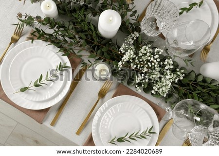 Stylish elegant table setting for festive dinner, flat lay