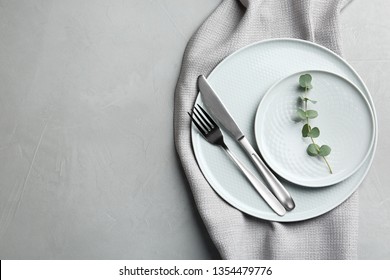 Stylish Elegant Table Setting On Light Background, Top View. Space For Text